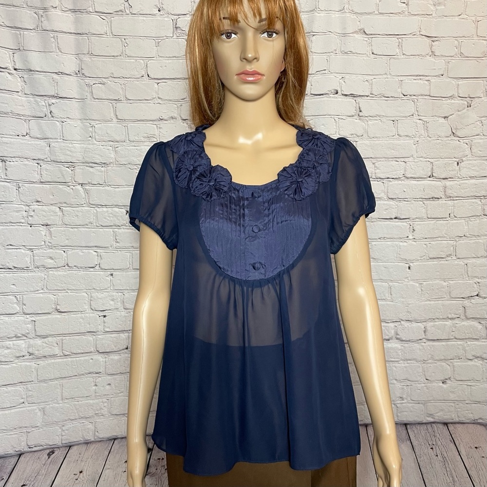 Aqua Navy Sheer Short Sleeve Blouse Size L